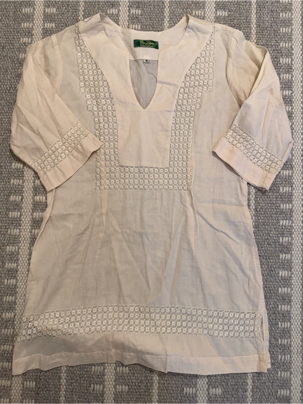 Pao Zapata Artisanal Cream Linen Tunic Blouse Dress with Geometric Lace Detail